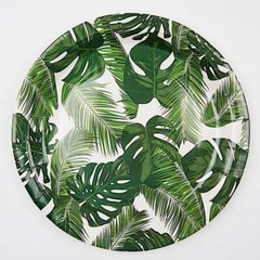 25 WHITE 9″ Round Paper Plates with TROPICAL Leaves Design Disposable Tableware