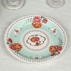 25 TURQUOISE 7″ Paper Round Plates with Vintage Rose Flower Print Wedding