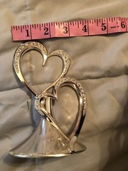 Double HEART Silver Metal with Rhinestones Cake Topper