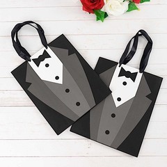 12 BLACK WHITE Tuxedo Paper Gift Tote BAGS Satin Handles Party Event Decorations