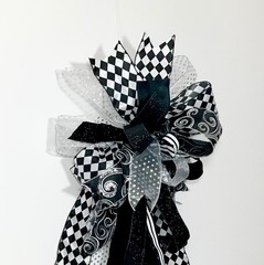 EXTRA LARGE DECORATION 6 RIBBON BLACK WHITE SILVER DESIGNER BOW READY TO USE