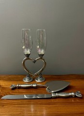 Fellowship Foundry Celtic Knots Hearts Pewter Glasses & Cake Server Wedding Set