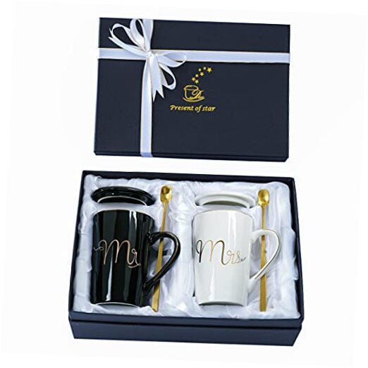 Mr and Mrs Coffee Mugs Set – Unique Wedding Gifts For Bride and Groom Black&W