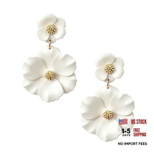 YUNXI Flower Drop Dangle Matte Multi Color Double Petal Stud Lightweight White