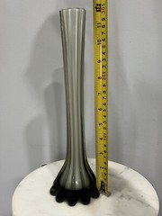 Vtg Smoked Gray White Cased Art Glass Ribbed Funky Unique Tower Vase 12” Tall