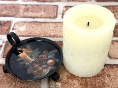 VINTAGE BLACK METAL WALKING CANDLE HOLDER W/ FINGER LOOP + FLAMELESS CANDLE