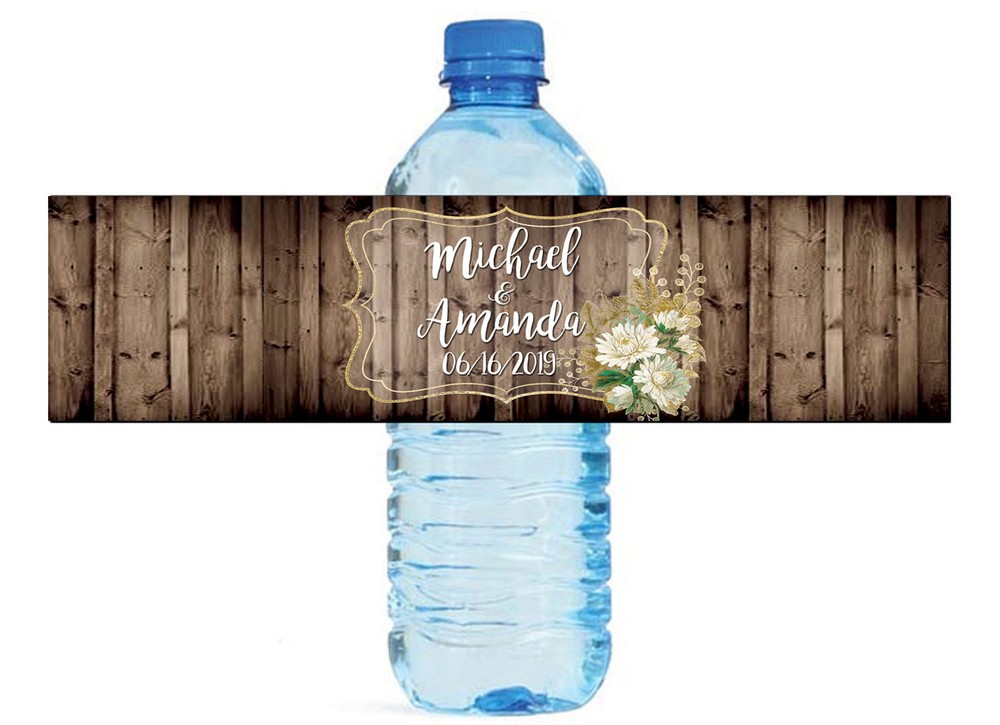 White & Gold Floral Frame on Rustic Wood Water Bottle Labels Wedding Birthday