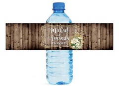 White & Gold Floral Frame on Rustic Wood Water Bottle Labels Wedding Birthday