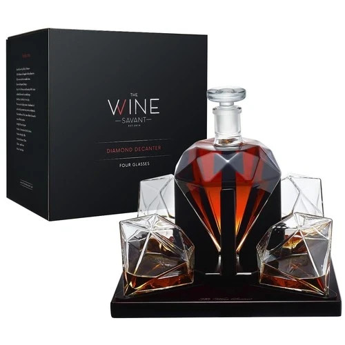 The Wine Savant Luxury Diamond Whiskey Decanter Set 4 glasses, mahogany base