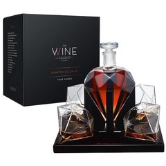 The Wine Savant Luxury Diamond Whiskey Decanter Set 4 glasses, mahogany base