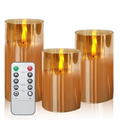 Flickering Flameless Candles with Remote,4″, 5″, 6″ x 3″ Diameter Glass Brown
