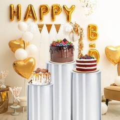 Set of 3 Cylinder Spandex Stand Covers, Silver Tone, Foil Fabric-Large