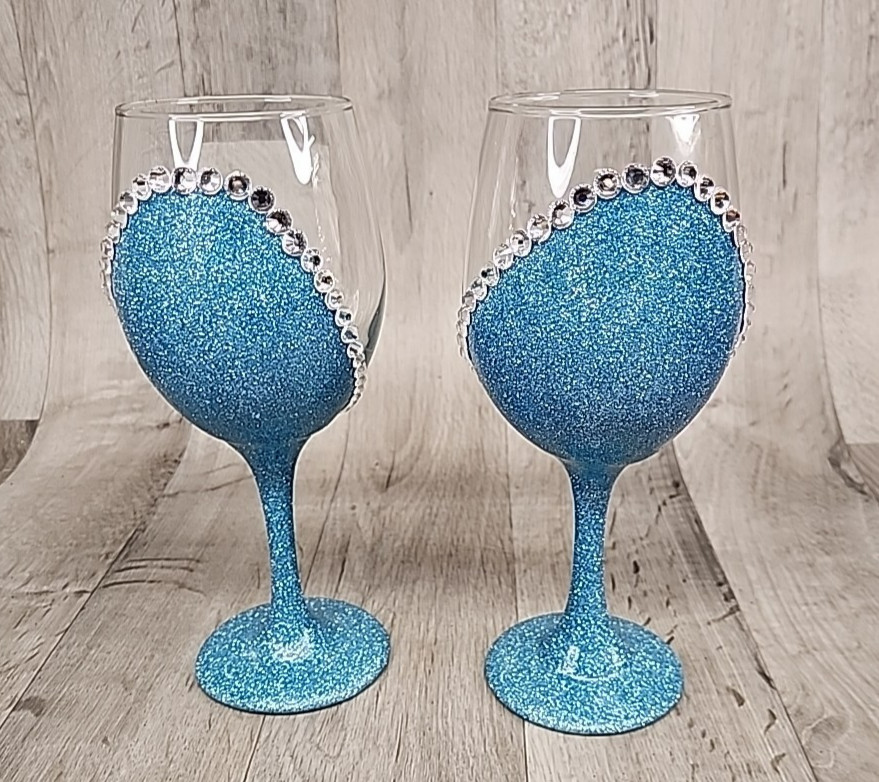 Glitter Wine Glasses w/ Sequins – Wedding Party Bridal Shower Anniversary – Blue