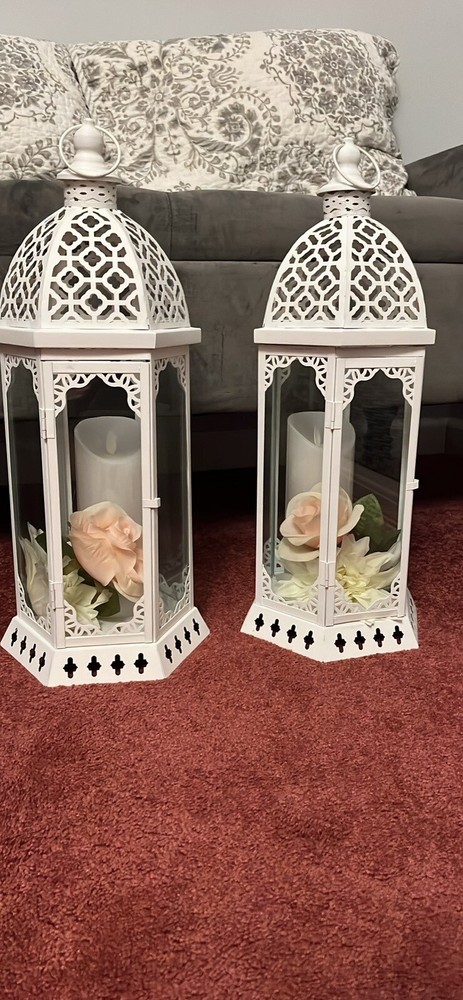 White Large Vintage Lanterns Qty 2 Hex Shape- 20”x9” -candles Sold Separately