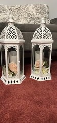 White Large Vintage Lanterns Qty 2 Hex Shape- 20”x9” -candles Sold Separately