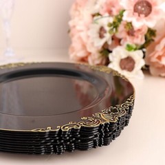 10 BLACK GOLD 8″ Round Plastic Salad Dinner PLATES Embossed Baroque Rim Party