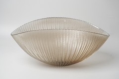 Murano Style Ribbed Taupe Art Glass Folded Shell Bowl 17″ Centerpiece