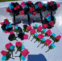 Wedding Bouquet Set – Black, Bright Pink, Turquoise Rose Flowers – 26 pieces