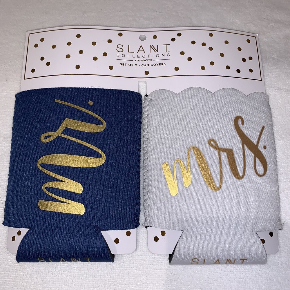 Mr. & Mrs. Koozies Wedding NEW Navy White, Gold Script – With Pocket!