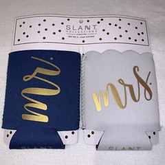 Mr. & Mrs. Koozies Wedding NEW Navy White, Gold Script – With Pocket!