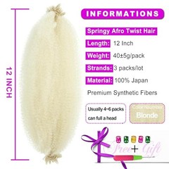 Afro Twist Hair 12Inch 3Packs Springy Twist Braids 12 Inch (Pack of 3) 613#