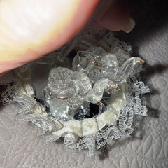 VTG 3” SPUN GLASS HEART Round WEDDING CAKE TOPPER w Elephants Heart Lace Mirror