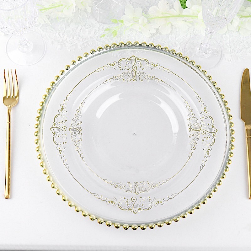 10 CLEAR GOLD 8″ Round Plastic Salad Dinner PLATES Embossed Baroque Rim Party