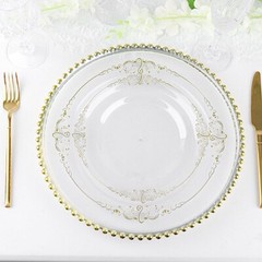 10 CLEAR GOLD 8″ Round Plastic Salad Dinner PLATES Embossed Baroque Rim Party
