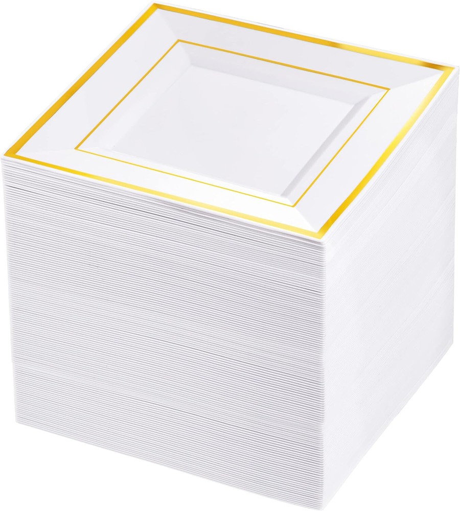 25 pcs Plastic WHITE with Gold Rim 6″ PLATES Disposable Party Wedding SQUARE