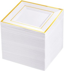 25 pcs Plastic WHITE with Gold Rim 6″ PLATES Disposable Party Wedding SQUARE