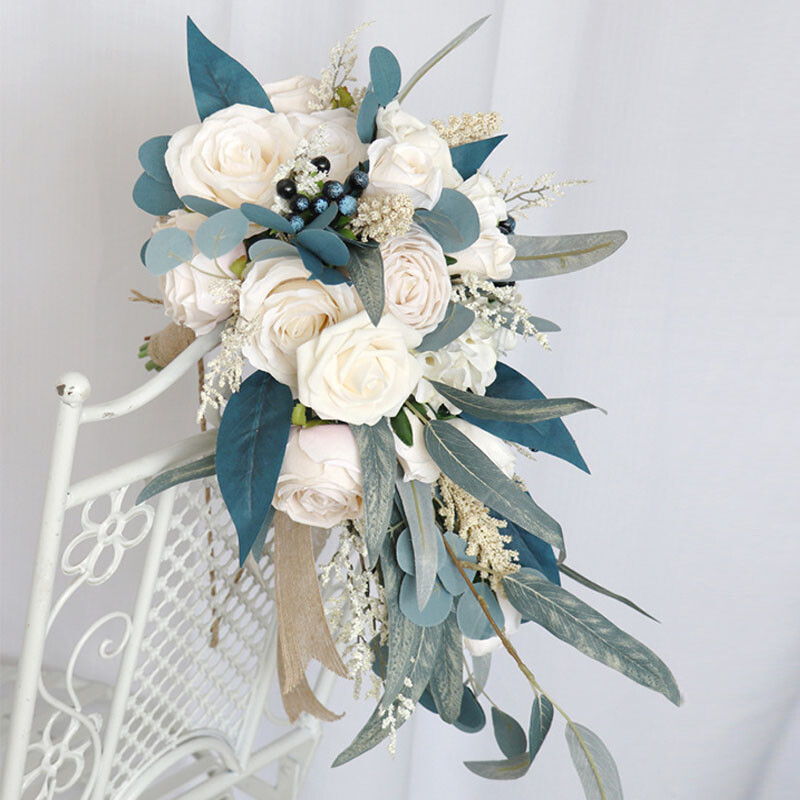 Peacock Blue Bouquet Silk Fake Flowers Bridal Drop Shape Wedding Supplies Decor