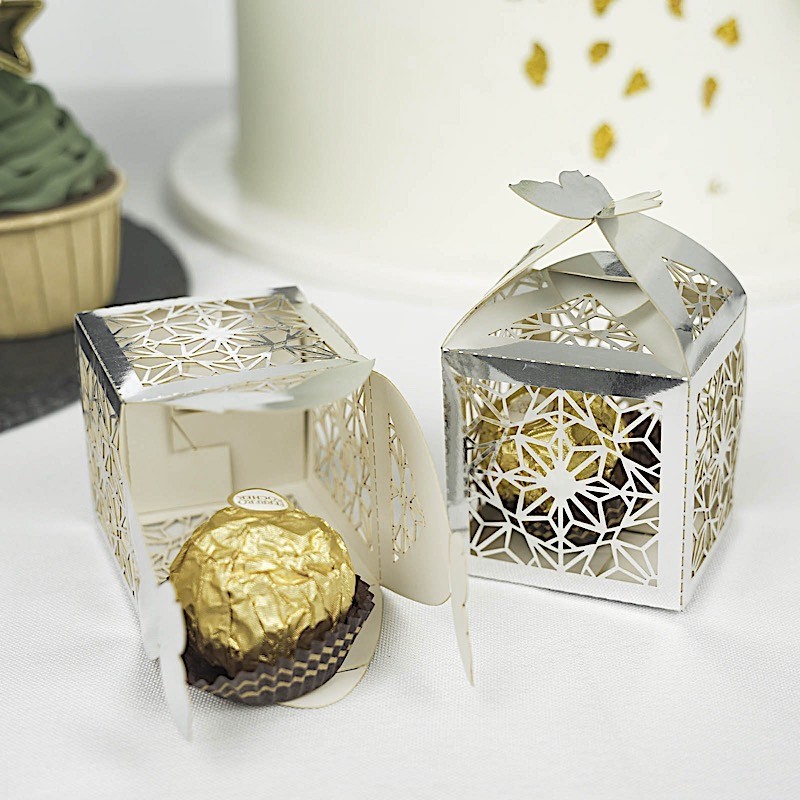 SILVER 25 Lacer Cut Lace Design FAVOR BOXES with Butterfly Top Party Decorations