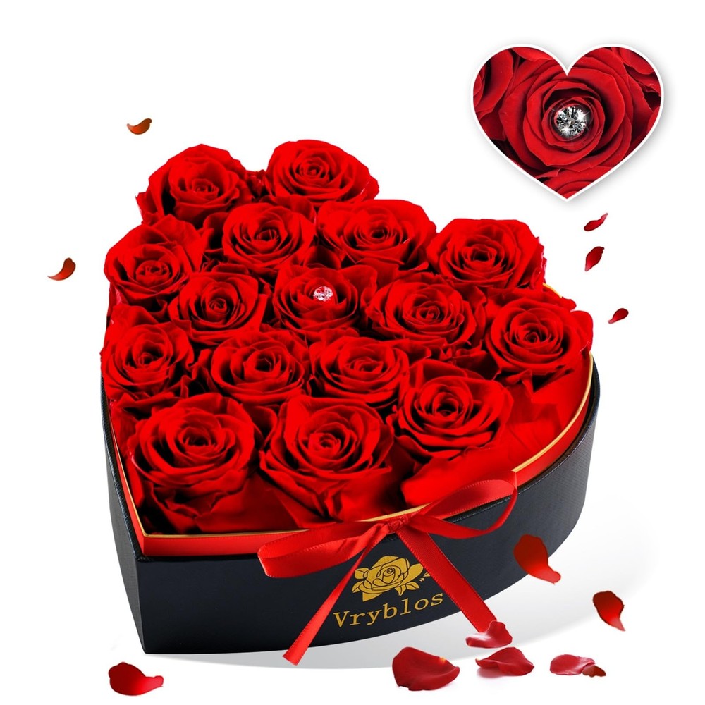 16 Pcs Mothers Day Gift Red Forever Roses In Heart Shaped Box Preserved Mom