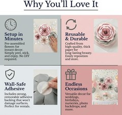 3D Paper Flower Wall Decor Set – Rose Gold Pink, Gray, Ivory
