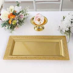 Gold 4 Plastic 14″ Rectangle Serving Trays Lace Print Rim Design Party Events