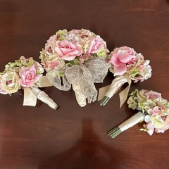 Artificial Pink & Green Rose Wedding Flower Bouquet w/ Ribbon & Lace Bow