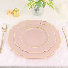 10 BLUSH 8″ Baroque PLASTIC DESSERT PLATES with Gold Rim Party Event Decorations