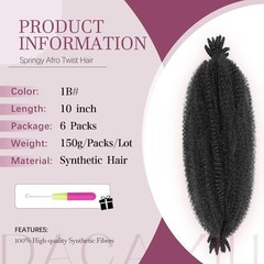 Springy Afro Twist Hair 6 Packs Marley Twist 10 Inch (Pack of 6) 1B# (Black#)