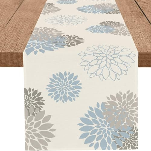 Light Blue Grey Table Runner Wild Dahlia Pinnata Flower Table Runners Modern