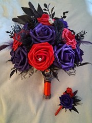 Red Black Purple Bouquet and Boutonniere, 2pc Set, Goth, Halloween