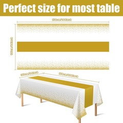 OHOME 4 Pack Disposable Plastic Table Cloths for 108″L x 54″W, White and Gold