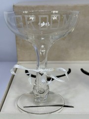 VTG MCM Engraved BRIDE GROOM Glasses Hollow Stem Champagne Coupes 1967 In Box