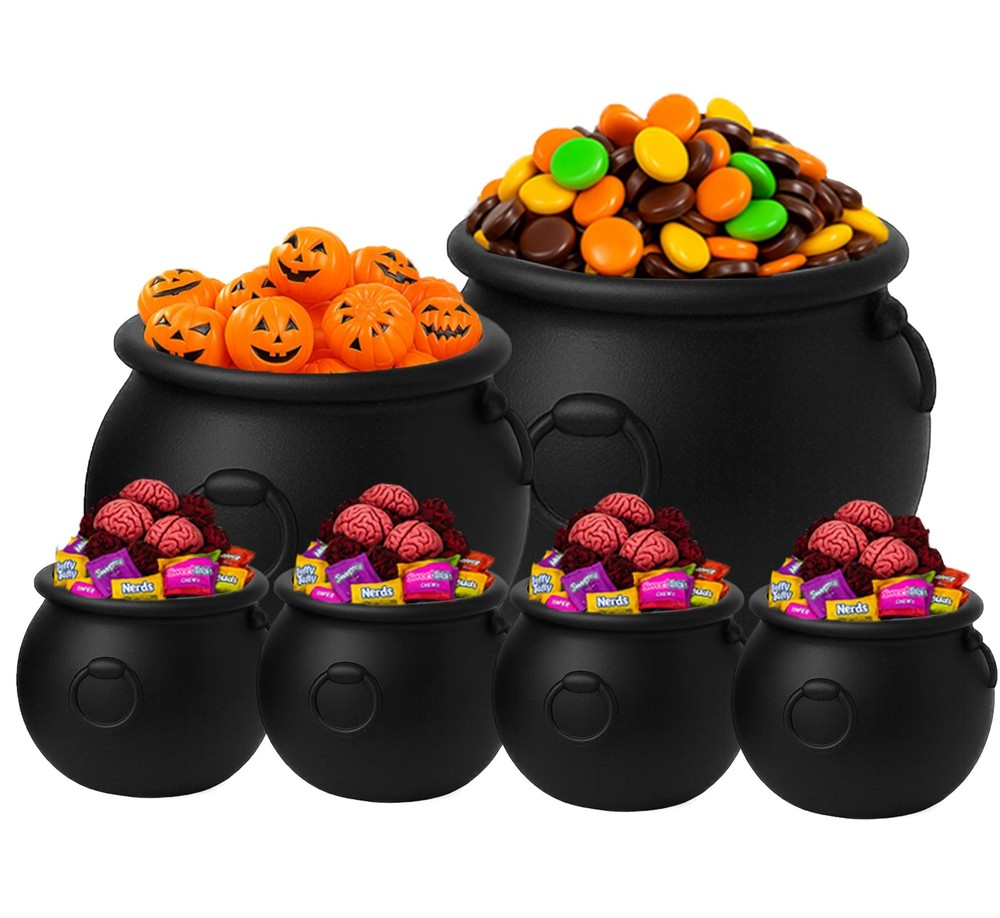 PMU 6pc Halloween Cauldron Pot Kettle Set: 8″, 6″, 4x 3″ Black Plastic Decor