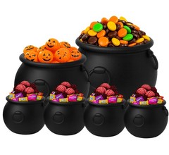 PMU 6pc Halloween Cauldron Pot Kettle Set: 8″, 6″, 4x 3″ Black Plastic Decor
