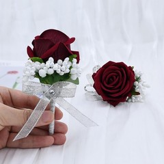 2Pcs Burgundy Rose Corsage and Boutonniere Set, Artificial Wrist Corsage Wris…
