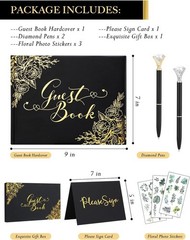 Black Wedding Guest Book with Pens – 9×7″ Gold Foil Hardcover Sign-in Album