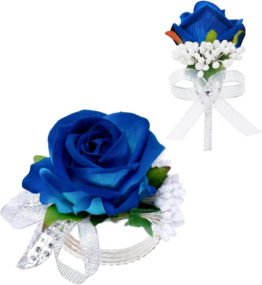 2Pcs Blue Rose Corsage and Boutonniere Set, Corsage Wristlet Band for Prom Su…