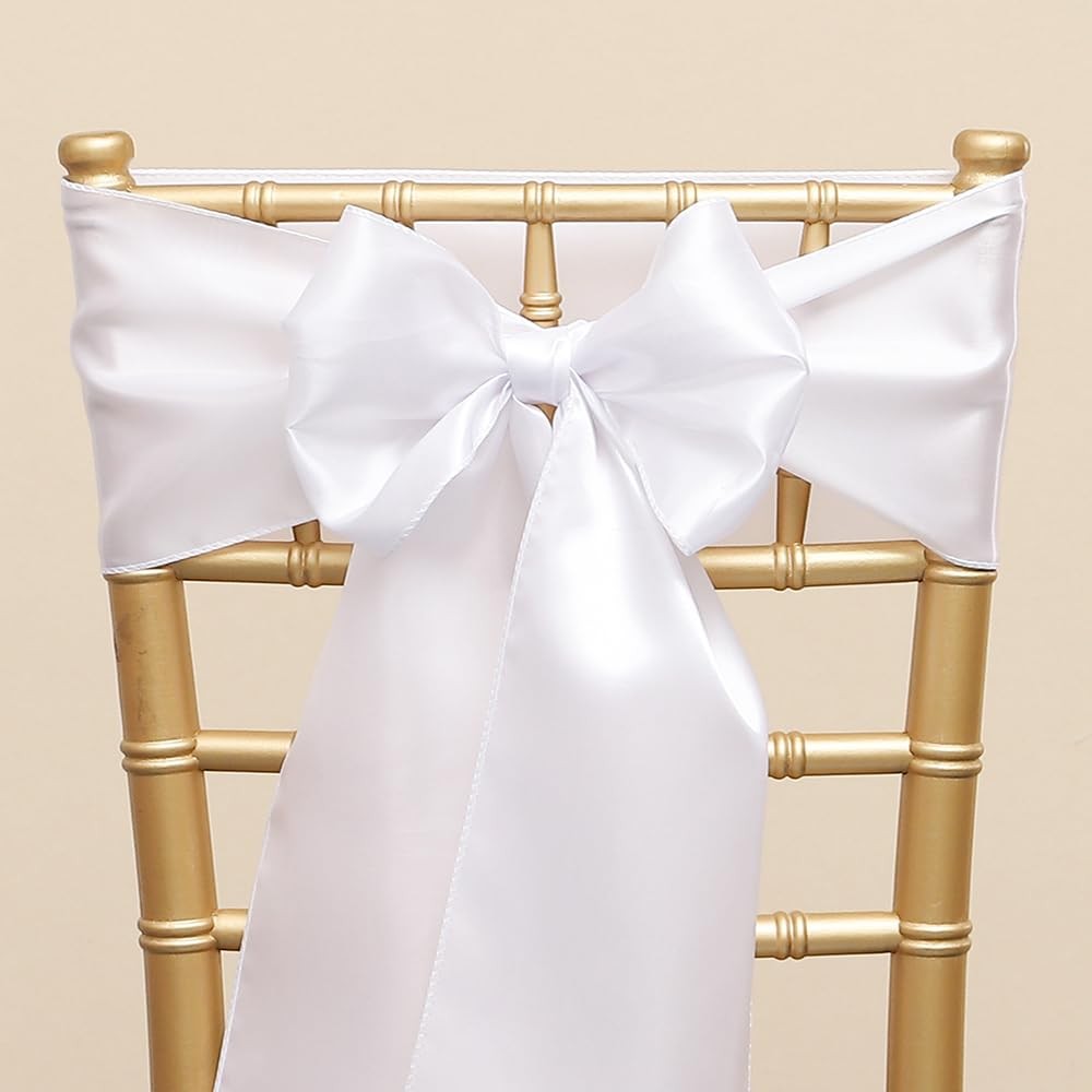 ZSJFMF Pack of 50 Satin White Chair Sashes Bows 7 X 108 Inch Universal