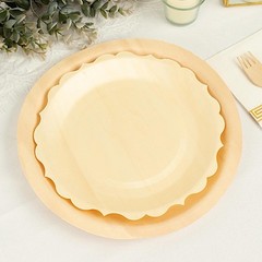 12 Round 9″ Natural Birch Wood Dinner Plates Scalloped Rim Party Events Supplies