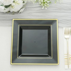 Plastic Black 10″ Square Plates with Gold Rim Disposable Party Wedding TABLEWARE